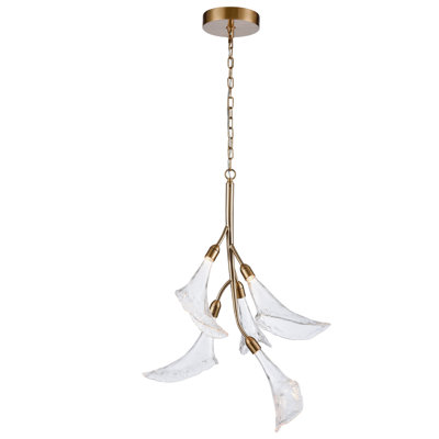33 inch Mitchiner Chandelier in Natural Brass with Clear Hand-formed glass flowers