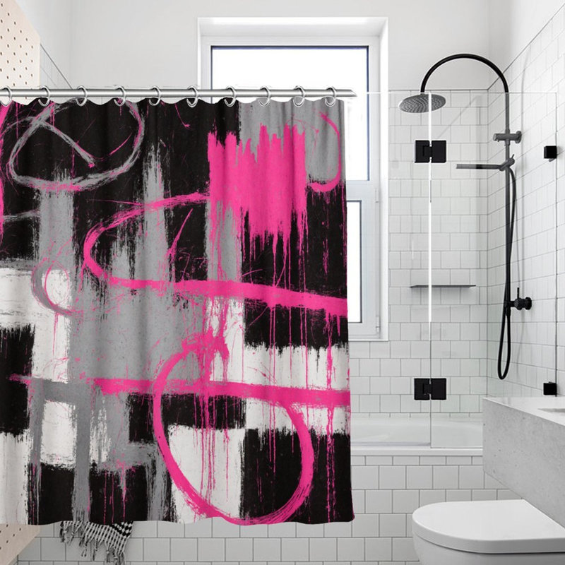 Rideaux de douche rose et gris à motif abstrait brossé 71 x 71 pouces, Rose / noir / blanc abstrait