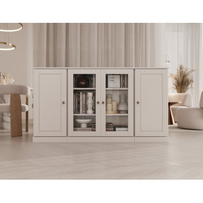 Buffet 100% bois massif 65 po avec portes en verre transparent et tablettes réglables