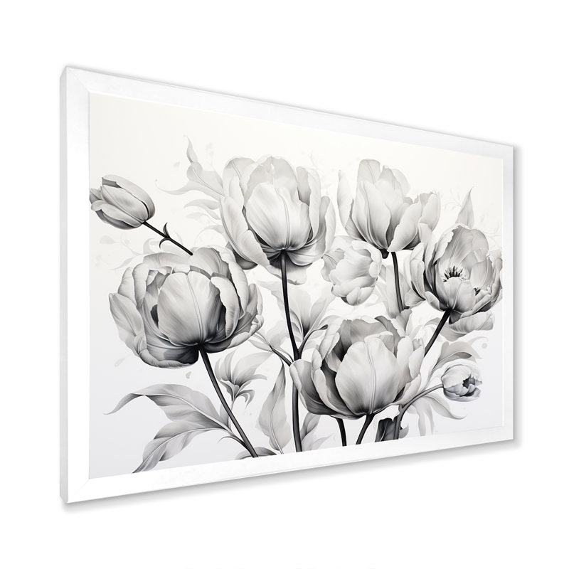 Minimalisme, tulipes noires et blanches, symphonie I sur toile, Cadre simple blanc, H 30 po x l 40 po x P 1,5 po