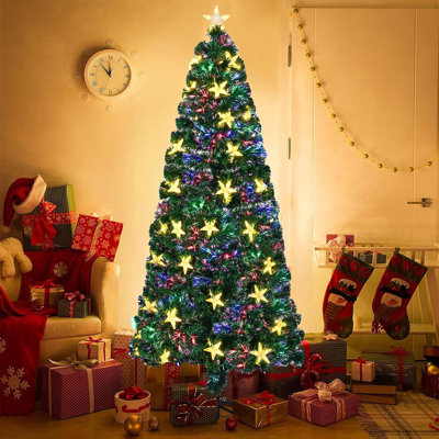 Arbre de Noël à fibre optique de 6 pi avec de grandes étoiles, arbre de Noël artificiel épinette avec lumières à fibre optique à changement de couleur
