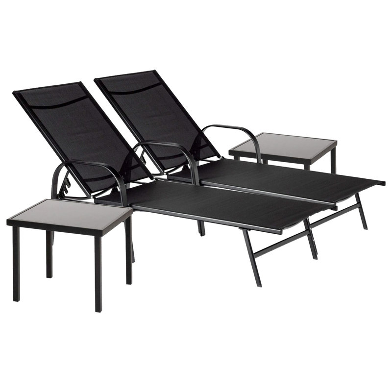 Sussex Sun Loungers and Table Set - 2 Garden Adjustable Loungers with 2 Side Table - Modern Design, Black