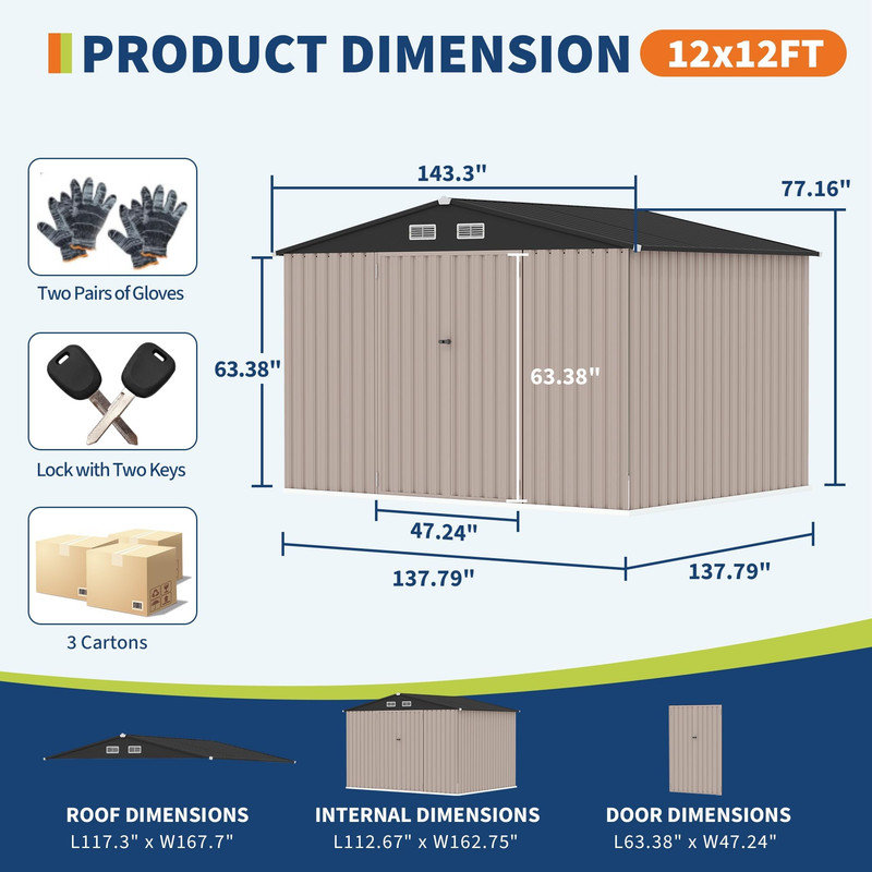 Remise de rangement extérieure en métal 12 pi x 12 pi - Porte verrouillable, ventilation d'air, remise pour outils de jardin et de cour