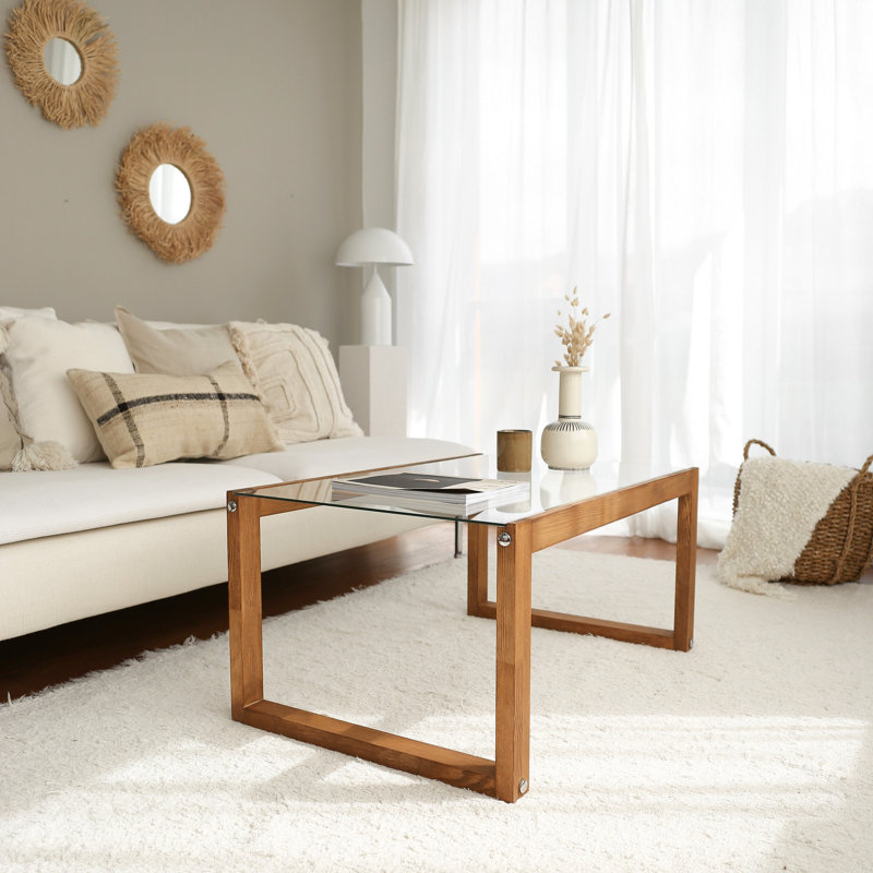 Modern Coffee Table, 100% Pine Solid Wood with 0.24 in. Thickness & 100% Tempered Glass Frame, Dimensions: 33.5 x 15.7 x 19.7 in. | Stylish Industrial Design, Perfect for Living Rooms & Novelty Spaces