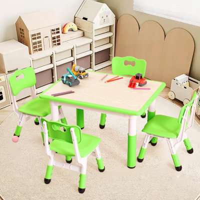 Kids Table and 4 Chairs Set – Height Adjustable Toddler Art Desk with Non-Slip Legs & Graffiti Desktop