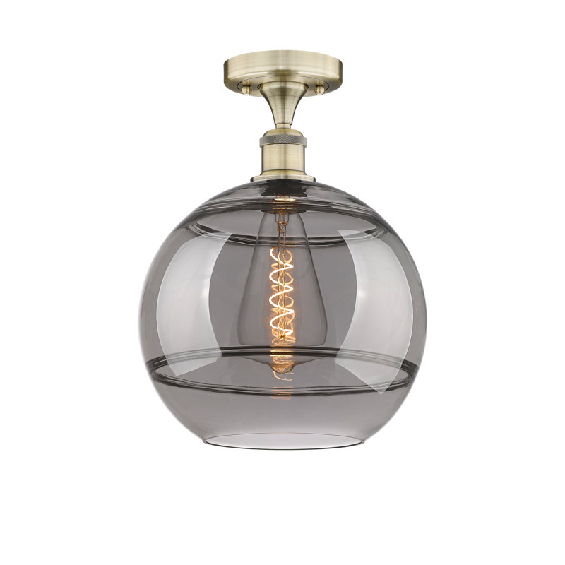Edison - Adrieanna - Plafonnier semi-encastré 1 lumière, Gris fumée clair, H 13,5 po x l 12 po x P 12 po, Laiton antique