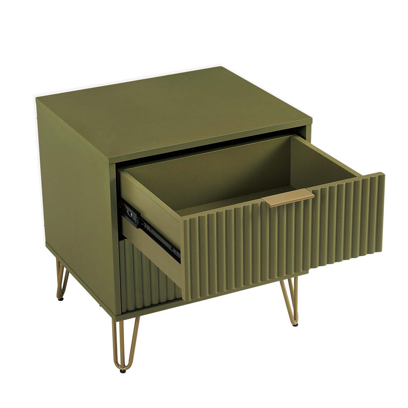 Dumbo 20" Fluted Nightstand In Olive Green (2-Drawer), Olive Green/Gold