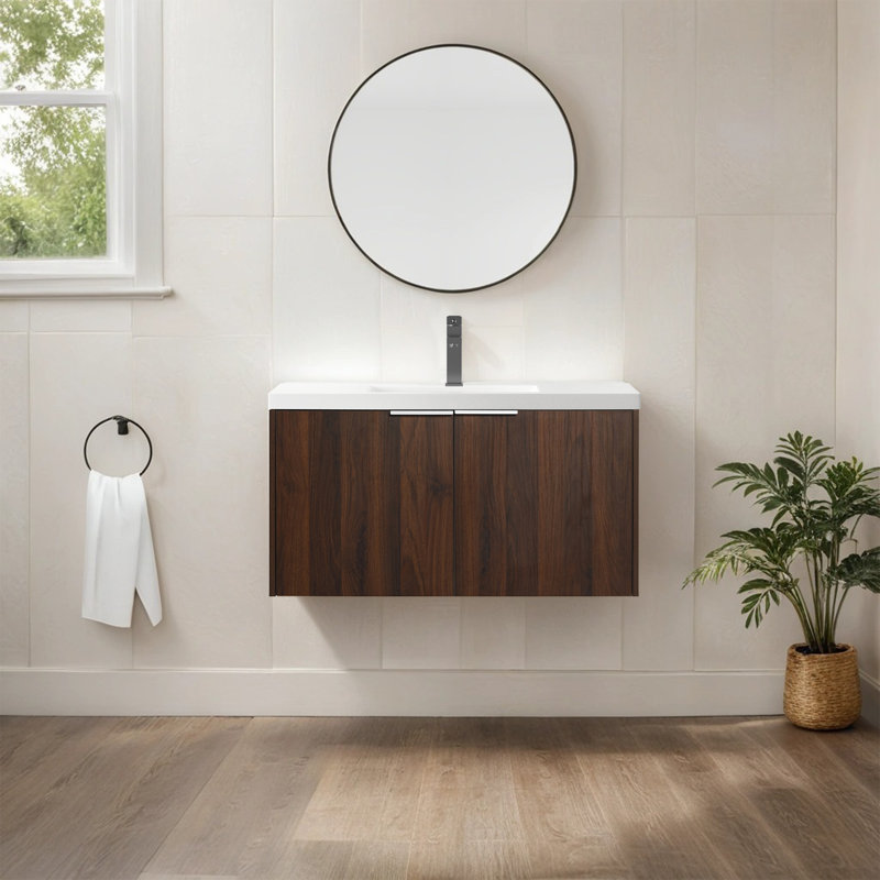 Meuble-lavabo simple 36 po avec lavabo en résine, Brun