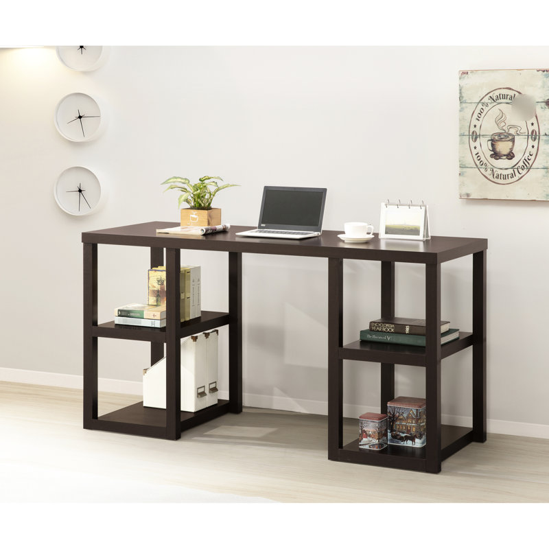 Cappuccino Oak Desk With Ornamental Detail, 4 Storage Shelves, Paper Veneer, Space Saving Study Desk,