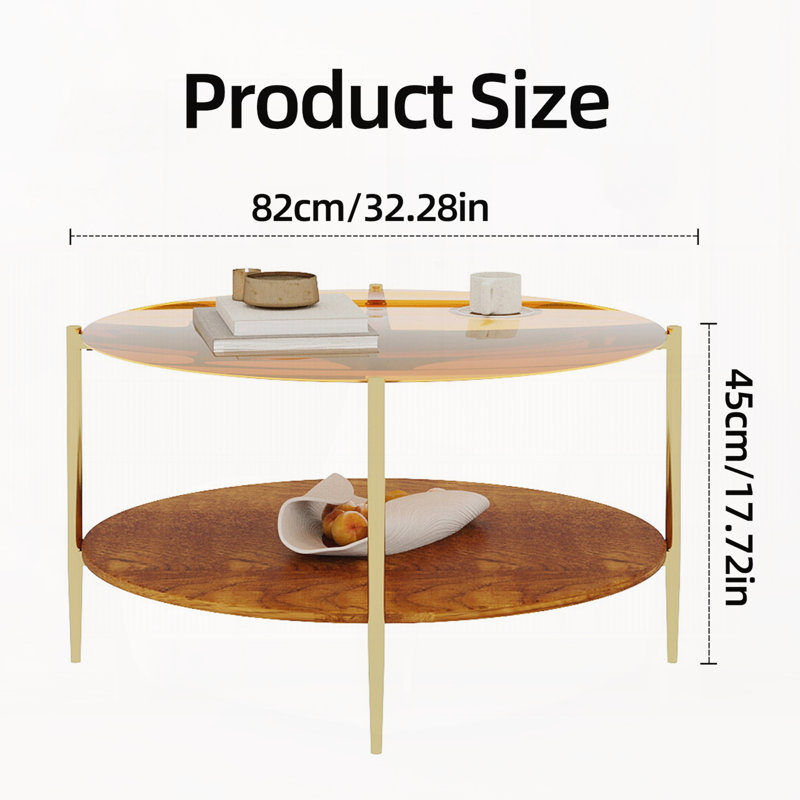 Luxueuse table basse ronde avec plateau en verre trempé doré + tablette de rangement en bois de noyer, pieds robustes en métal doré, 32,28 po de diamètre, centre de table élégant pour le salon moderne