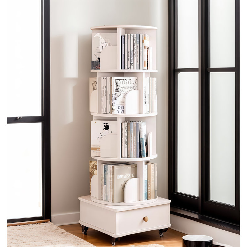 Bibliothèque rotative avec tiroir, (5 tablettes) H 57 po x l 18,11 po x P 18,11 po, Blanc