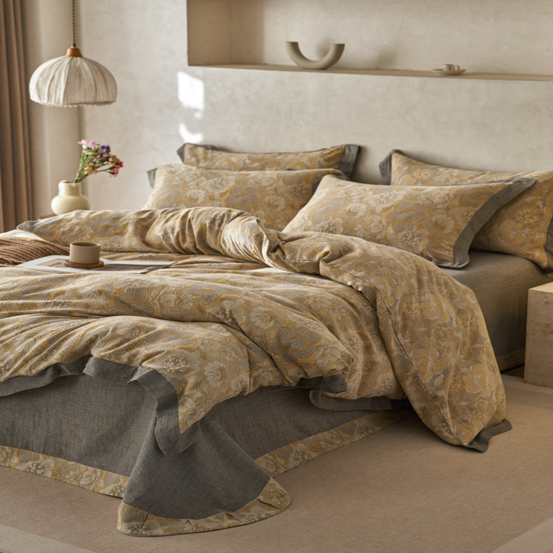 Vintage Jacquard Textured Floral  Cotton-Linen Duvet Cover Set, Yellow, Queen Duvet Cover + 2 Queen Pillowcases