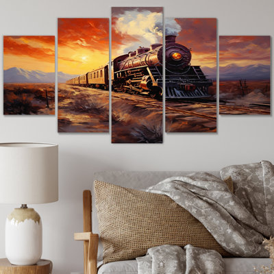Steamtrain Travelling Sunset Landscape I - Train Wall Decor - 5 Panels