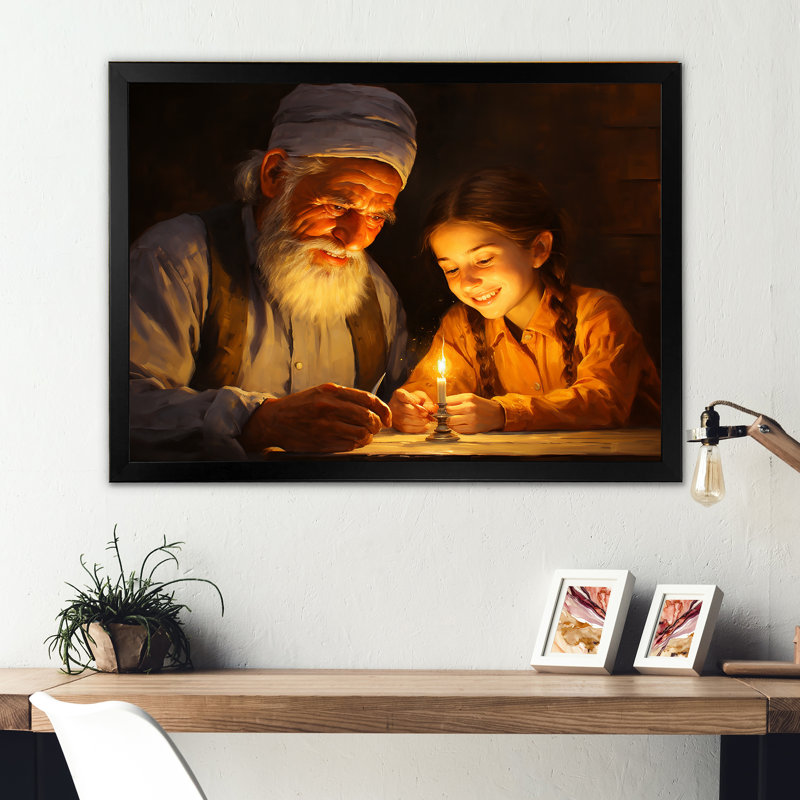 Judaïsme famille bougie Shabbat sérénité - impression, Cadre simple noir, H 16 po x l 32 po x P 1 po