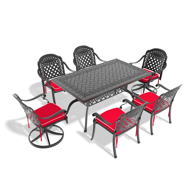 Ensemble de salle à manger 7 pièces en fonte d'aluminium toutes saisons comprenant 2 chaises pivotantes, 4 chaises et une table rectangulaire avec cadre