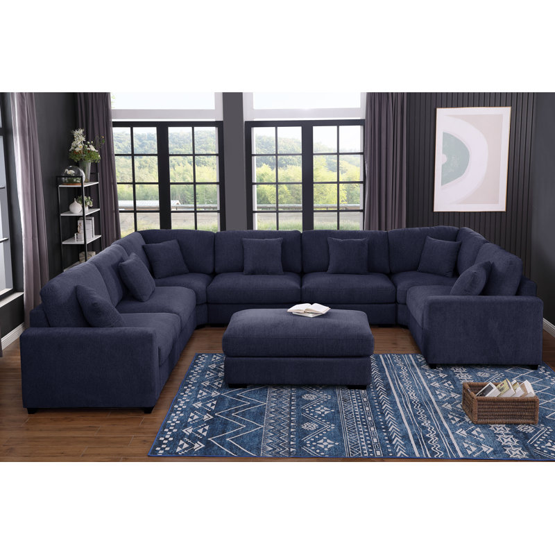 Grand canapé modulaire d'angle modulaire à 8 sièges avec repose-pieds mobile, Chenille bleu foncé