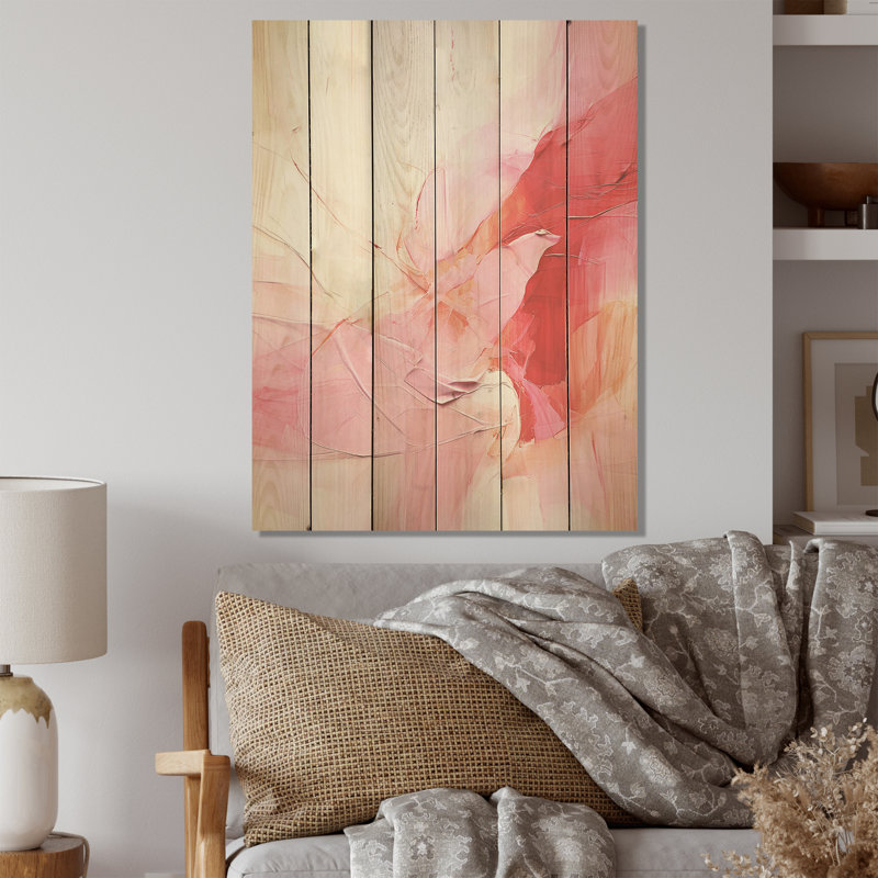 Or abstrait doré et rose I - Fuschia, art mural sur bois de pin naturel, H 40 po x l 30 po