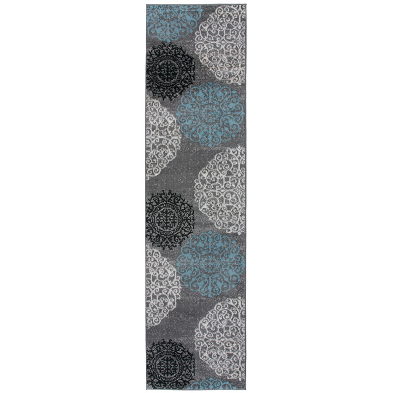 Padowski Floral Gray/Blue/Black Area Rug, Runner 2' X 10'