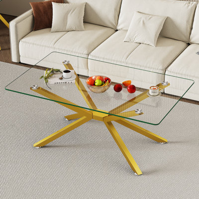 Table basse de 39,37 po rectangulaire en verre trempé transparent, design élégant avec pieds en métal doré, table basse de salon