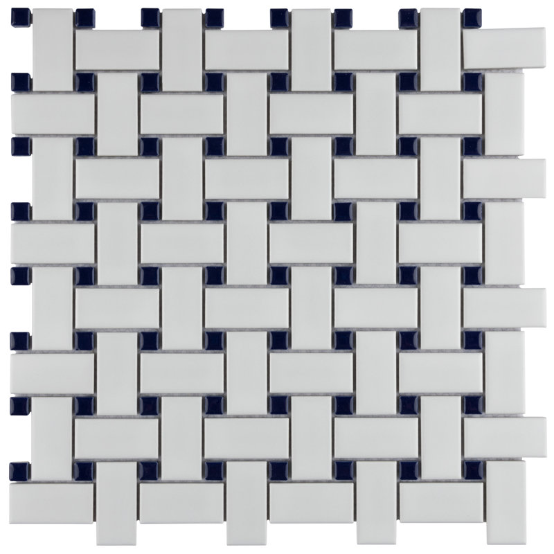 Metro 1.32" x 2" Porcelain Basketweave Mosaic Wall & Floor Tile, White/Cobalt Blue
