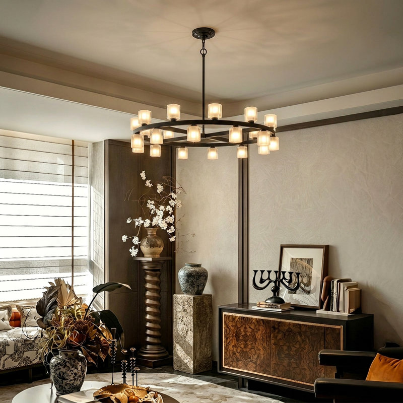 Lustre moderne noir à anneaux, grand luminaire suspendu rond de 16 lumières pour le vestibule du salon, hauteur réglable