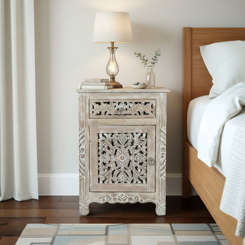Harleen 22'' W Solid Wood Nightstand, Left, Limestone Beige