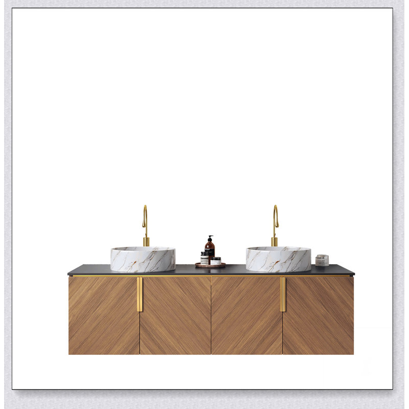 Meuble-lavabo 60 po avec lavabo, armoire de rangement murale moderne en contreplaqué flottant avec 4 portes, comptoir en pierre frittée noire et 2 lavabos ronds blancs en céramique, espresso