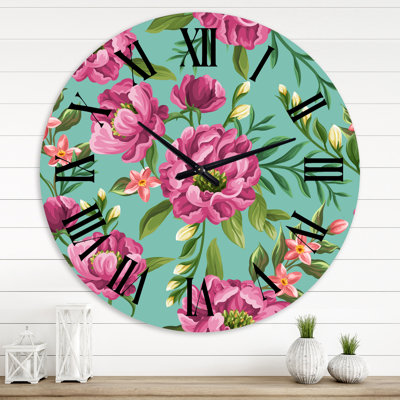 Fuchia fleurs sur vert VIntage - Horloge murale traditionnelle