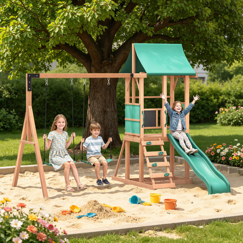 Ensemble de balançoires pour la cour arrière, équipement de jeu extérieur pour enfants avec deux balançoires, glissade, mur d'escalade, ensemble de balançoire avec glissade à vagues, ensembles d'aire de jeux pour les cours arrière