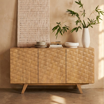  Sapa 53" Solid Wood Sideboard with 3D Carved Geometric Doors, 3 Doors, Adjustable Shelves, Mid-Century Modern Design, Easy Assembly, Sand