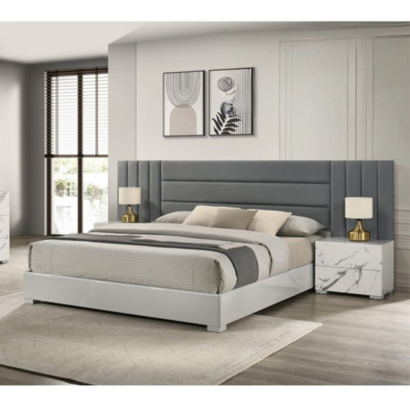 Table de chevet moderne laquée blanc / gris avec stratifié marbre