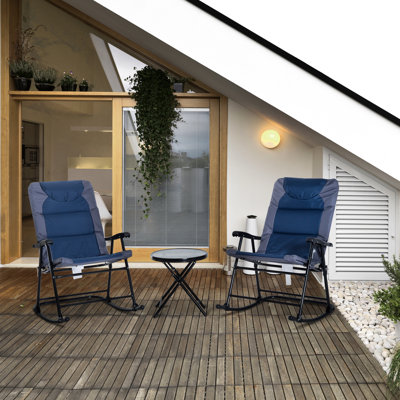 Navy Blue Outdoor Patio Furniture With 2 Rocking Chairs & Table, For Porch, Camping, Balcony Use 3 Piece Folding Glass Coffee Bistro Style, Balcony, Lightweight Structure