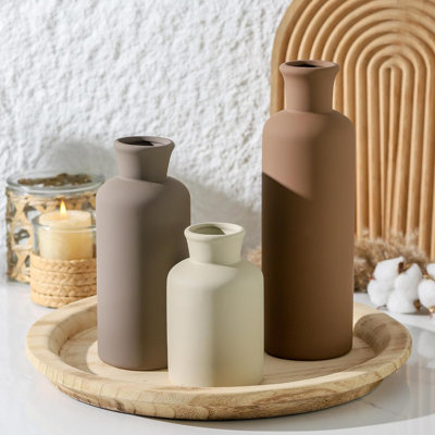 Ensemble de 3 vases en céramique, décor neutre moderne pour maison de campagne, style rustique ou bohème - parfait pour les fleurs fraîches ou séchées, table, manteau de cheminée, tablette, vestibule, salon, cuisine, salle de bain - brun
