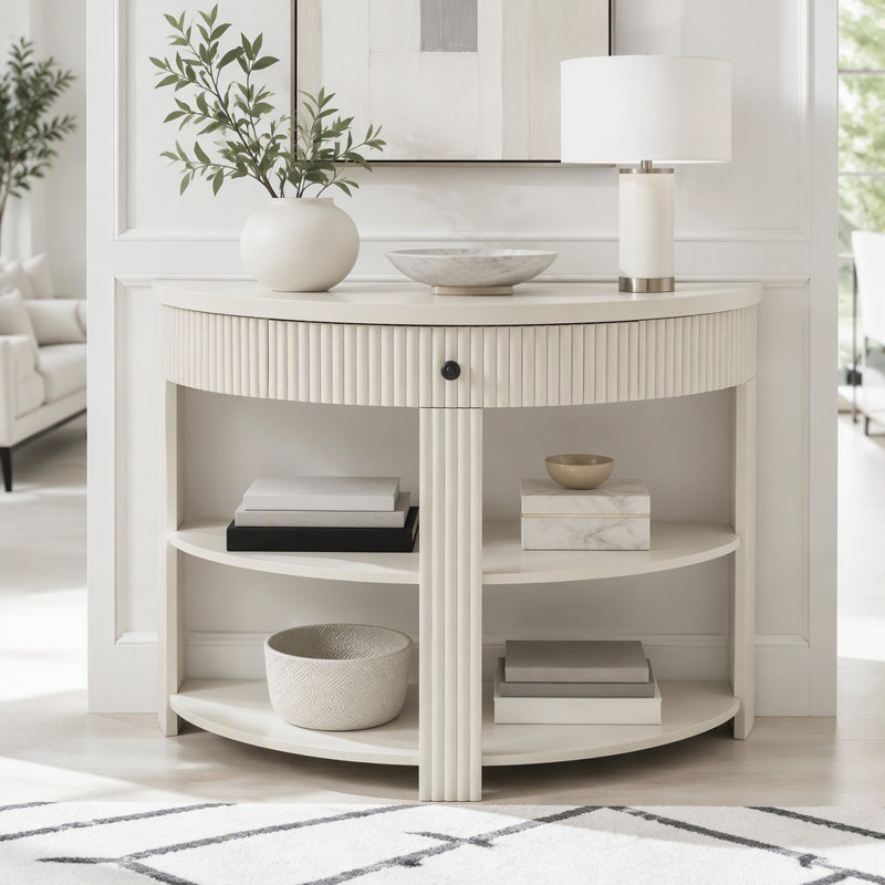 Console cannelée demi-lune avec tiroir et tablettes, Crème