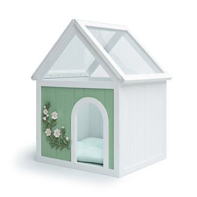 Niche d'intérieur Sage pour animaux de compagnie, - , Toit en acrylique transparent, Façade fabriquée à la main, Coussin assorti, 63,5 47,5 77,6 cm, Maison menthe et blanche en kit à montage rapide, 8,6 kg