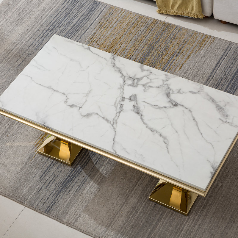 Rectangle Marble Coffee Table With Stainless Steel Base, White, Gold