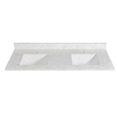 Plan de toilette double rectangulaire en quartz blanc de 155 x 56 cm avec lavabo encastré en céramique et dosseret de 10 cm.