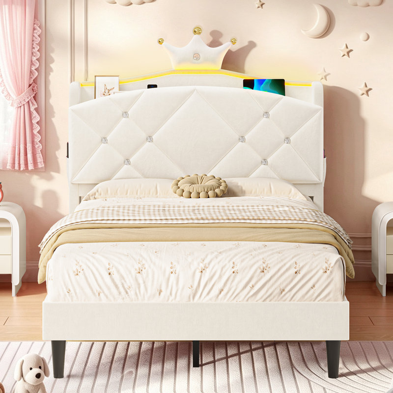 Velvet Princess Bed with Storage Headboard, LED Lights & Charging Station, Upholstered Bed Frame with Crystal Button & Crown, No Mattress Included