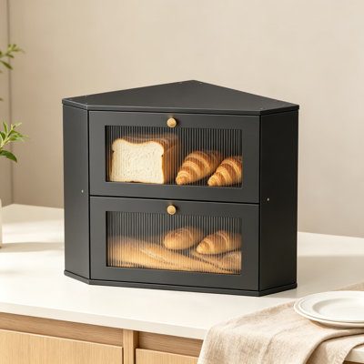 Boîte à pain de coin pour comptoir de cuisine, bac de rangement de pain à 2 couches de grande capacité avec fenêtre en acrylique, récipient à pain en bois de bambou pour pain maison, organisateur rétro