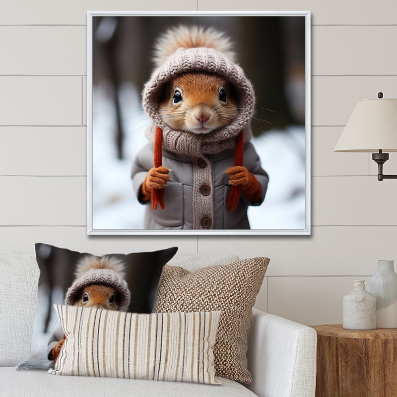 Écureuil avec chapeau dans la neige - Art mural écureuil, H 16 po x l 16 po x P 1 po, Cadre flottant blanc