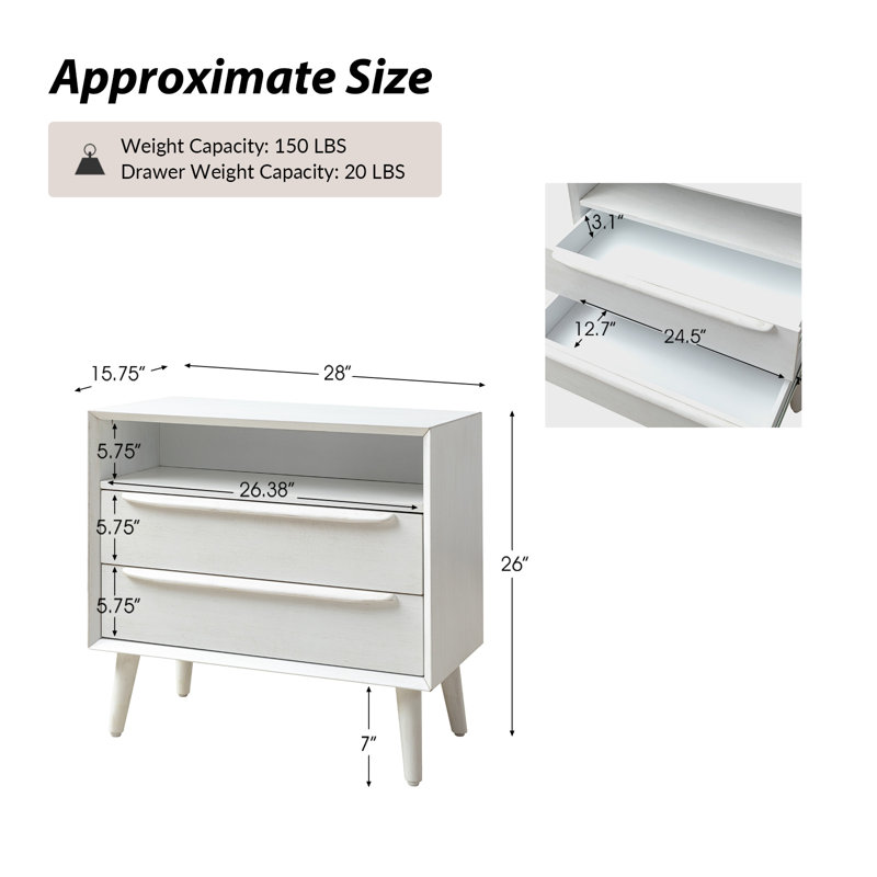 Frieda Midcentury Modern 28''W 2-Drawer Nightstand with Charging Station and Solid Wood Legs and Open Shelf