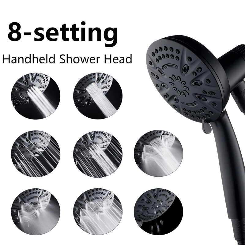 8-Setting Handheld Shower Head, 5 Inch Face, Magnetic Docking System, 72 Inch Stainless Steel Hose, Black