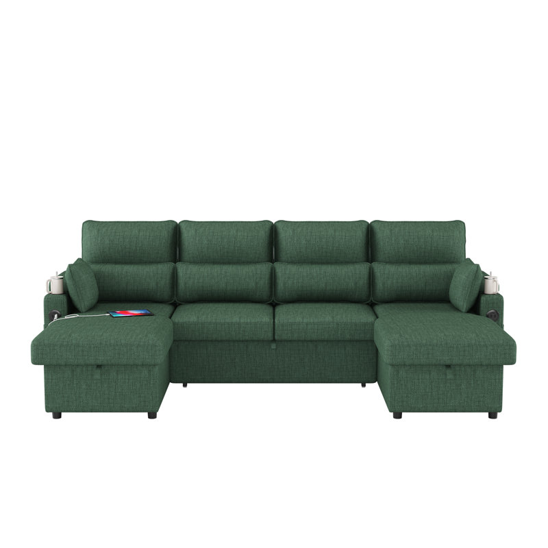 U-shaped Sectional Sofa Bed Pull Out Sleeper Couch With Storage Chaise For Living Room, Green