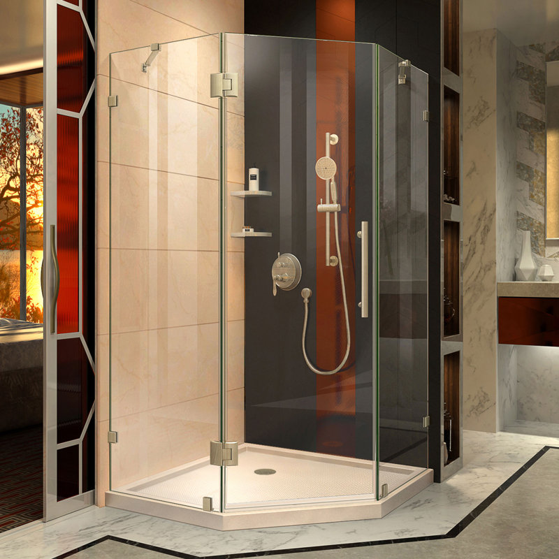 Prism Lux 42" x 74.75" Neo-Angle Hinged Shower Enclosure with Base Included, Brushed Nickel/Biscuit