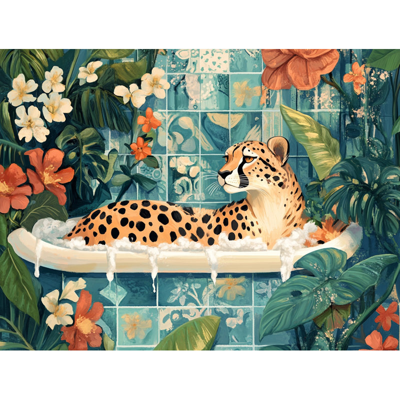 Impression de tropical Escape Soak - léopard relaxant dans des bulles, 30" H x 40" W