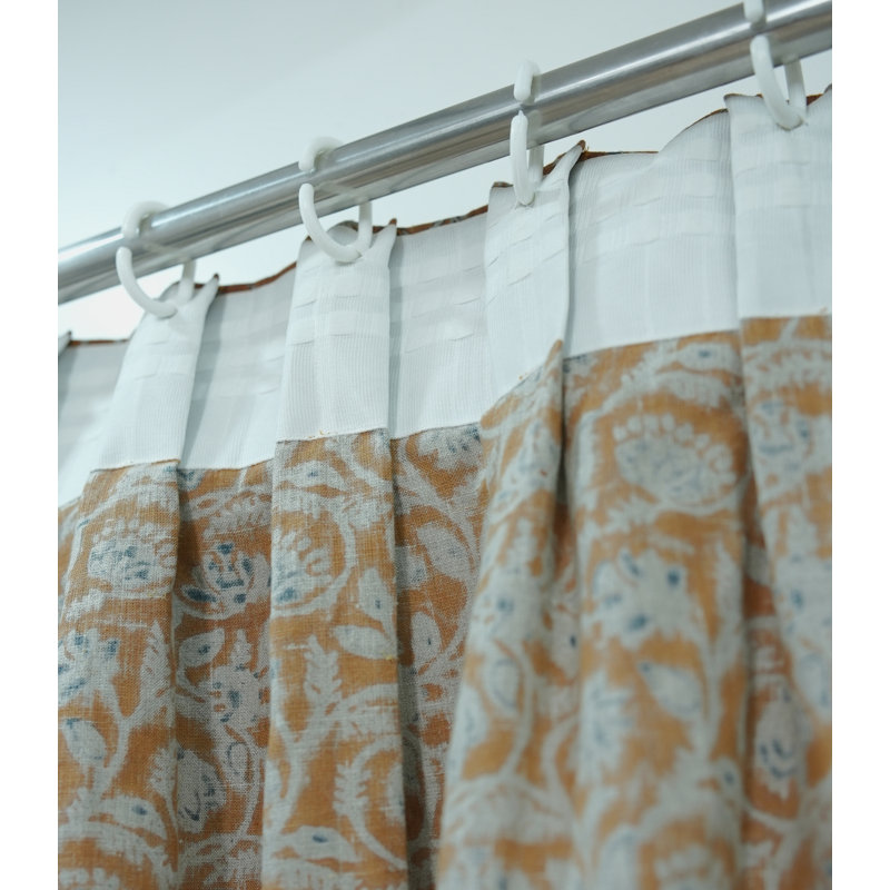 Natural Handcrafted Pleated Curtain – Saraswati Brown,Blue Lien Block Print, Light Filtering Window Drapes, 27" W X 57" L