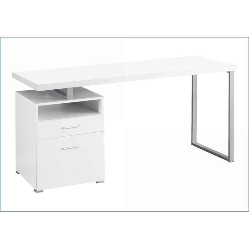 Bureaux, bureau d'ordinateur moderne de 60 po avec tiroirs de rangement, stratifié blanc et amp; Structure en métal gris, configuration gauche / droite réversible | Panneau de particules | Blanc