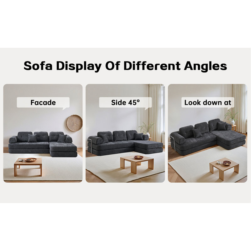 104" Boneless Sofa,Sectional Compressed Couch With Chaise, Deep Seat Modular Sectional Sofa Chenille Memory Foam Sofa Boneless Couches For Living Room Bedroom, No Assembly Required