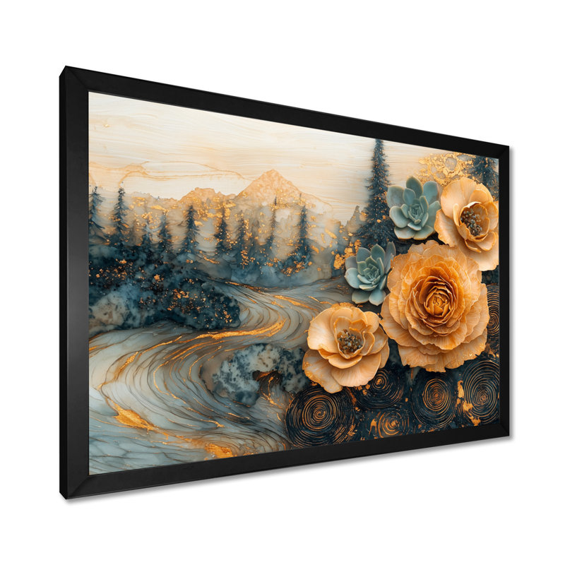Moheez en bois fleurs succulentes dans la rivière paysage II - art mural succulent, 12" H x 20" W, Noir
