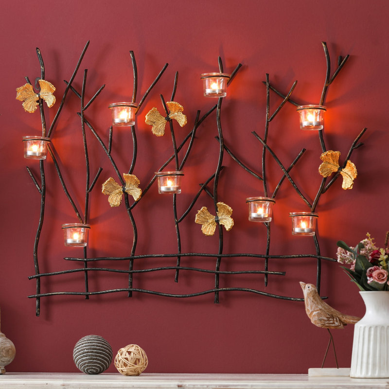 23.25" H Wall Sconce Candle Holders – Branch Design with Gold Butterfly Wall Decor